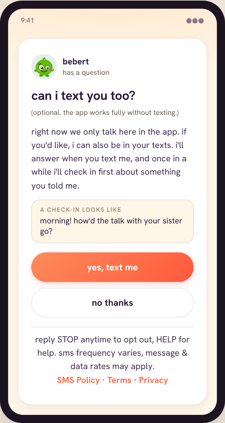 The in-app consent card: 'can i text you too?' with yes and no buttons, the optional note, and the STOP/HELP disclosure